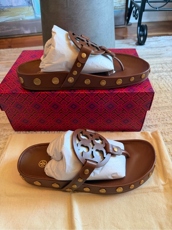 Tory Burch Shoes - Tory Burch Brown Leather Miller Studded Slide Sandals